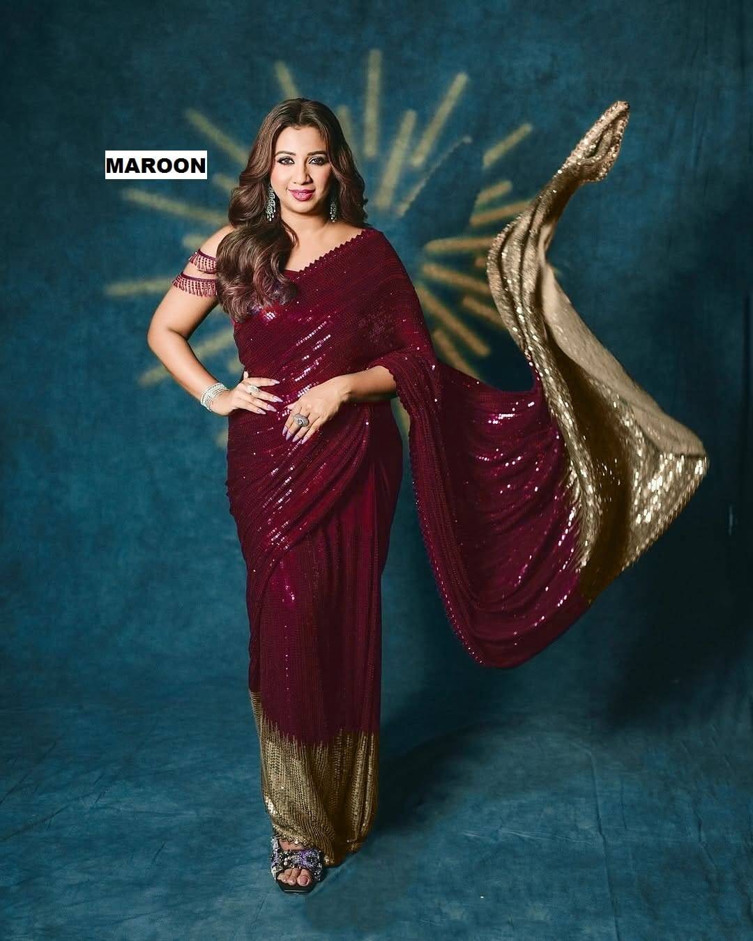 Maroon Bollywood Blockbuster Georgette Saree with Dual Sequin Embroidery